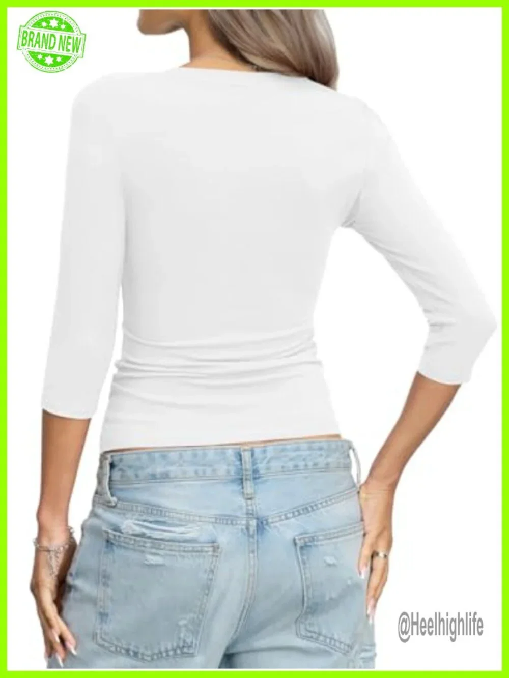 Womens Cotton 3/4 Sleeve V Neck Fitted Basic T-Shirt Stretch Jersey
